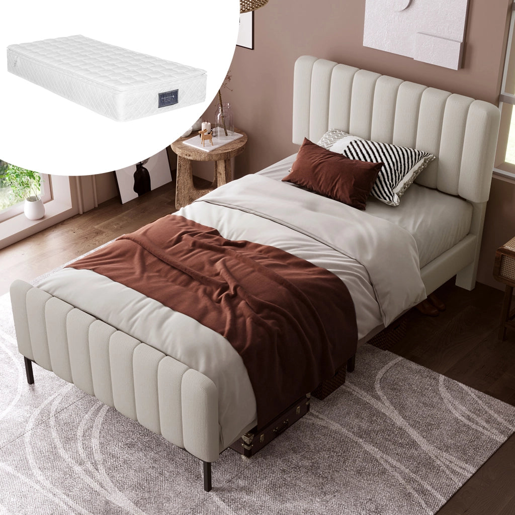 Letto singolo imbottito – 90x200 cm – testiera regolabile rete – lino grigiobeige