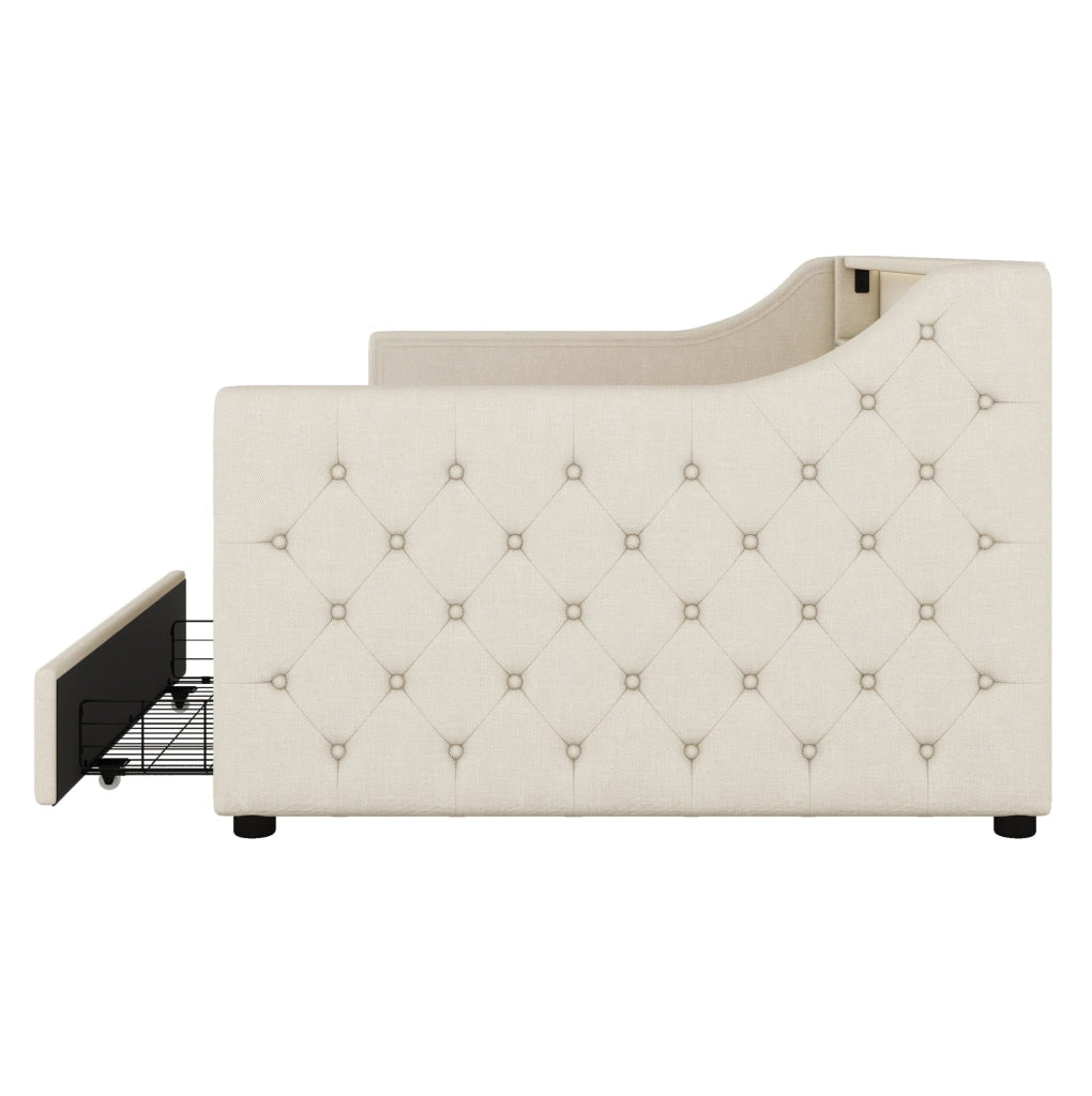 Daybed 90x200 cm con luci LED; USB e 2 cassetti; lino beige