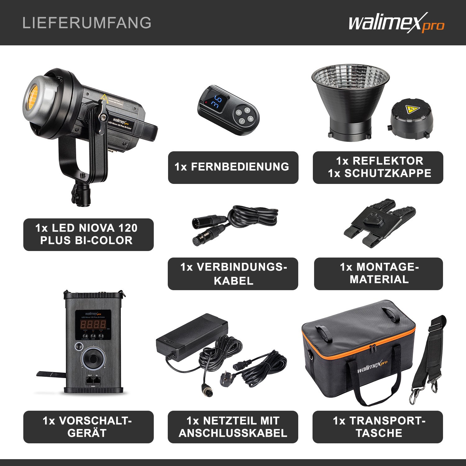 Niova 120 Plus Luce video LED dimmerabile Bi-Color con riflettore I Luce da studio con tecnologia COB LED I 5600 K, CRI=95 I Luminosità regolabile dal 10 al 100%.