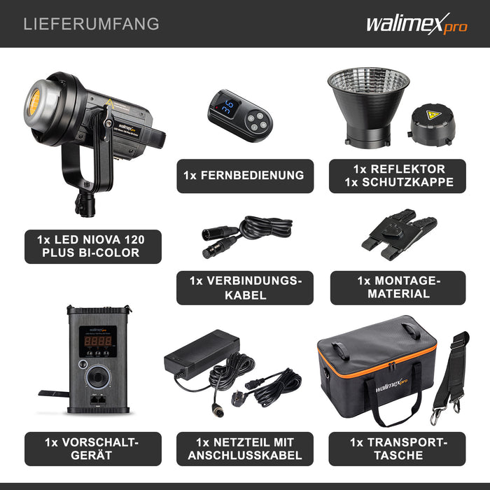 Niova 120 Plus Luce video LED dimmerabile Bi-Color con riflettore I Luce da studio con tecnologia COB LED I 5600 K, CRI=95 I Luminosità regolabile dal 10 al 100%.