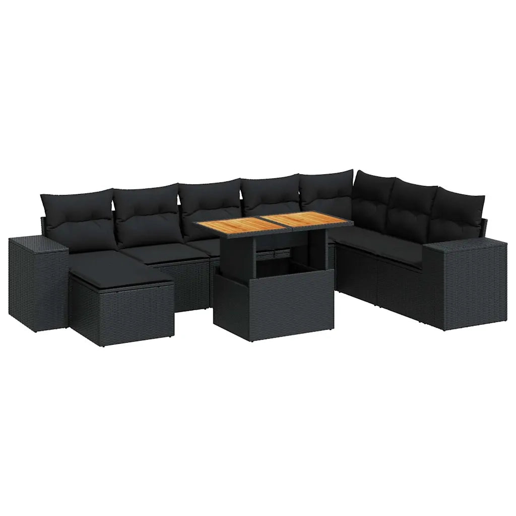 vidaXL Set Divani da Giardino 9 pz con Cuscini Nero Polyrattan Acacia
