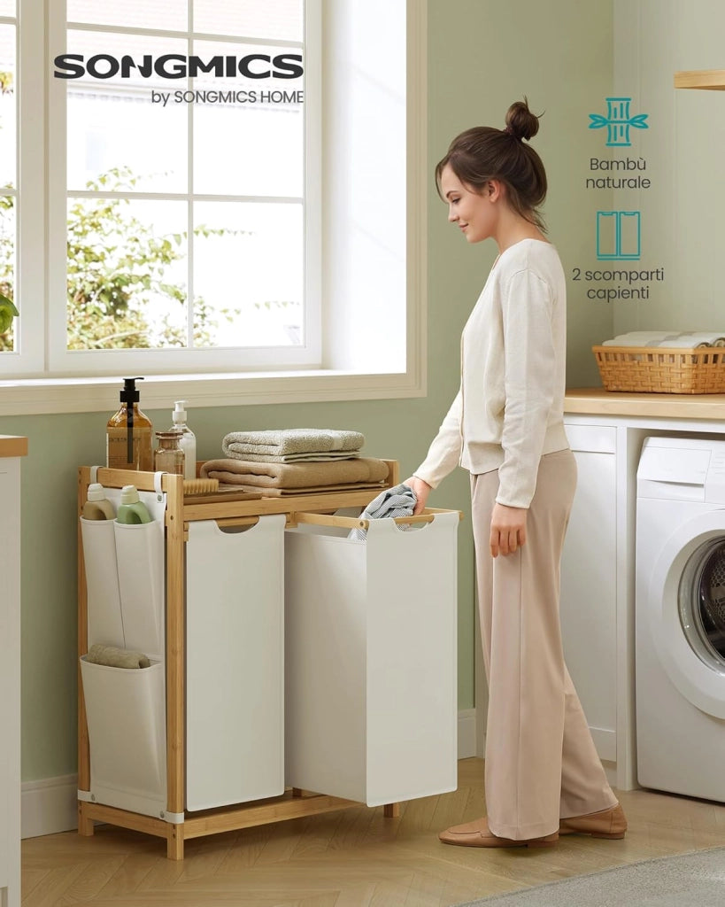 SONGMICS Cesto Portabiancheria a 2 Scomparti, Cesto Biancheria Sporca in Bambù 100 L, Porta Biancheria con Piano, Tasche Laterali, 2 x 50 L, 63 x 33 x 78 cm cm, Bianco Crema RLH100W01