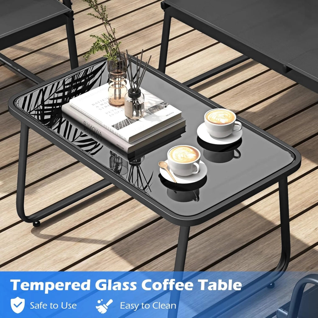 Set di mobili da giardino 4 pezzi, tavolino da caffè in vetro temperato, divano a 2 posti, 2 sedie, per 4 persone, tessuto traspirante, mobili per patio, terrazza