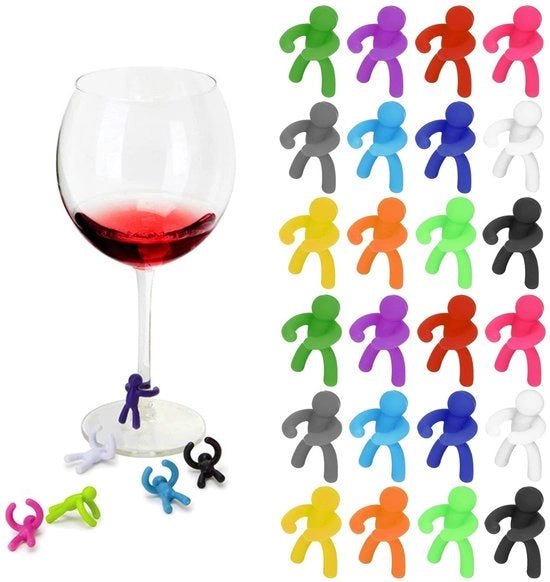 Etichette per Vino Reutilizzabili 24 pezzi - Pennelli per Etichette - Identificatori Reimbustibili - Silicone - Piatti Decorativi - Disegno Divertente