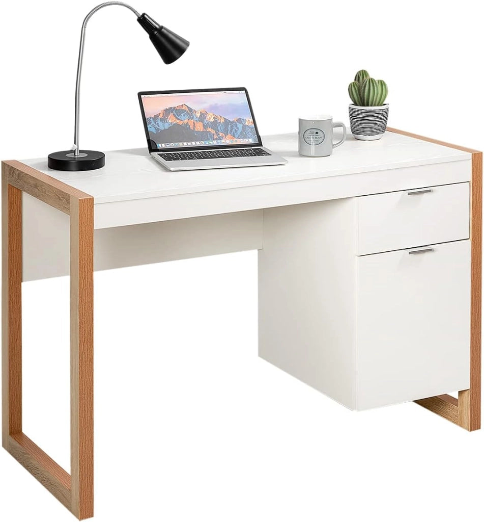 Scrivania per Computer, Scrittoio per Studio Moderno con Cassetto e Armadietto Spazioso in Legno Solido, per Ufficio/Casa, Portata di 70kg, 112,5x 50x75cm, Bianco (Nero)