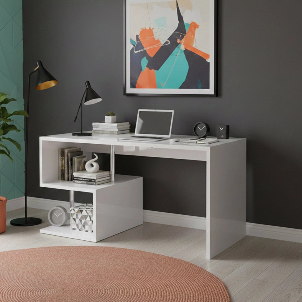 Atemis, Scrivania Modulabile Made in Italy, 140x60x78h cm Bianco Lucido