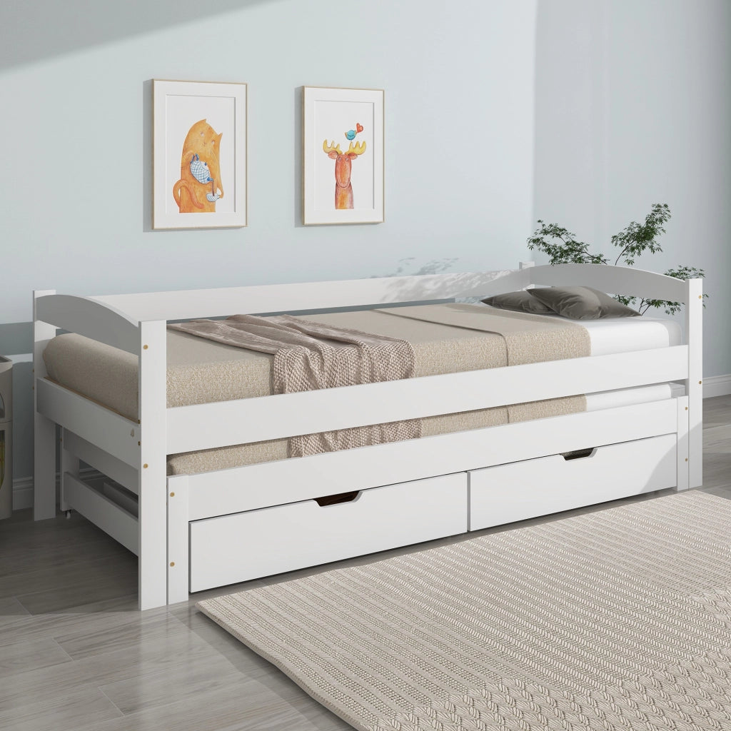 Letto Estraibile 200x90 cm e 190x90 cm; con 2 Cassetti e Sponda - in Legno - Bianco
