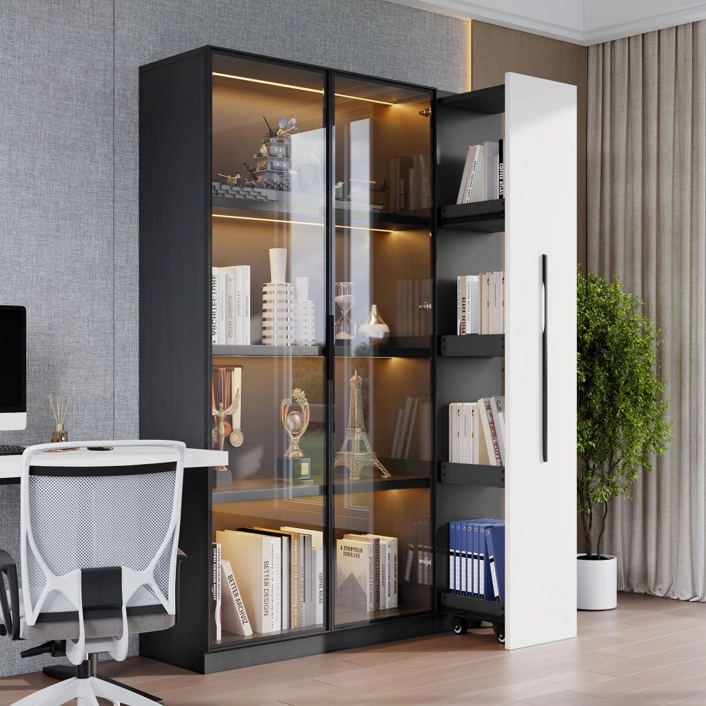 Vetrina Libreria con Anta in Vetro e LED; Ripiano Laterale Estraibile con Ruote; MDF; Nero e Bianco; 110;5??35??160 cm