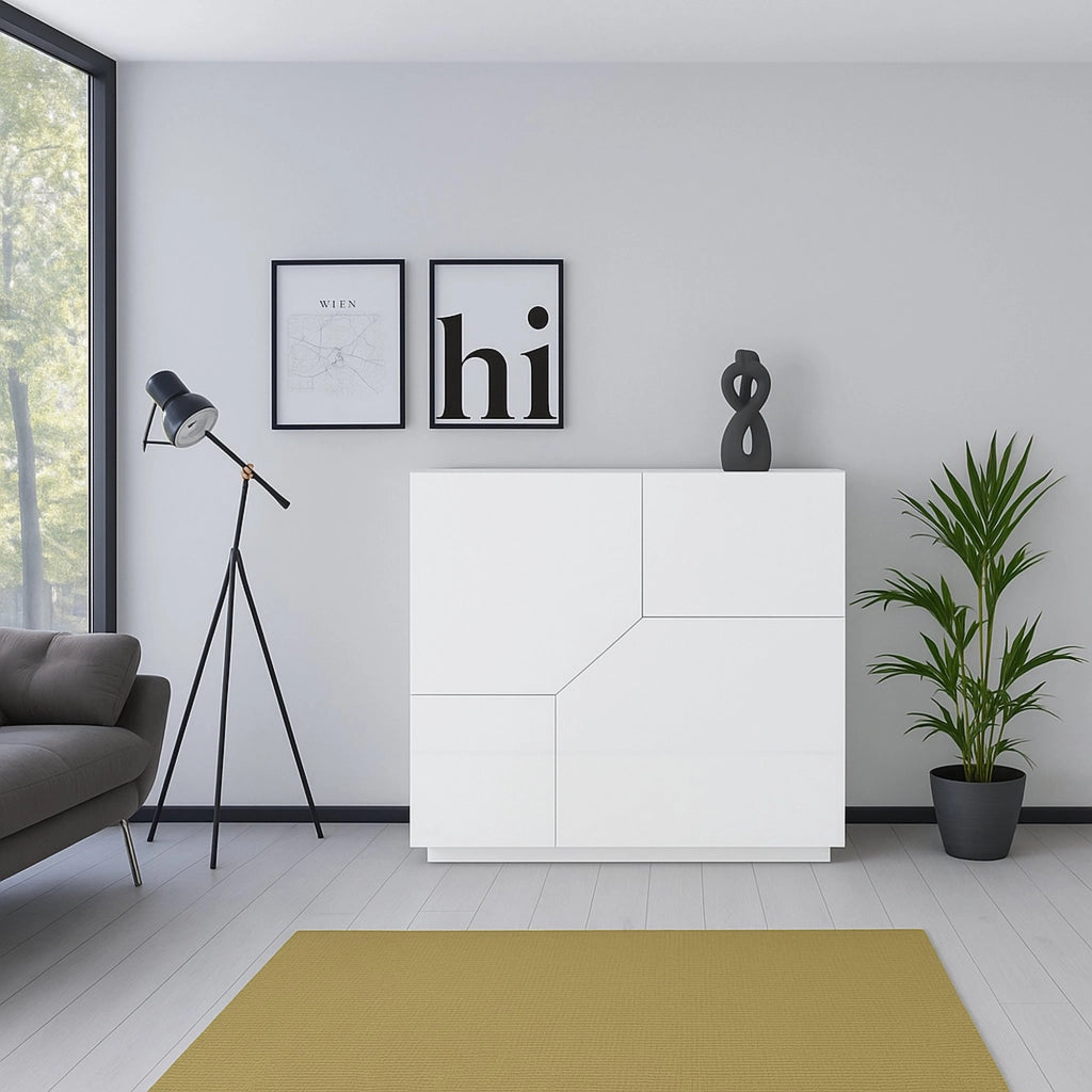 Credenza moderna a 2 ante Amento, Made in Italy, Madia da cucina, Buffet di design da soggiorno, Cm 79x43h86, Bianco lucido