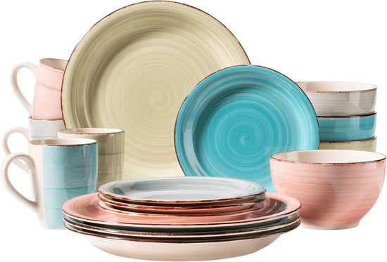 Servizio da tavola vintage 16 pezzi - combi servizio ceramico - azzurro - rosso - verde - grigio - bordi in ceramica