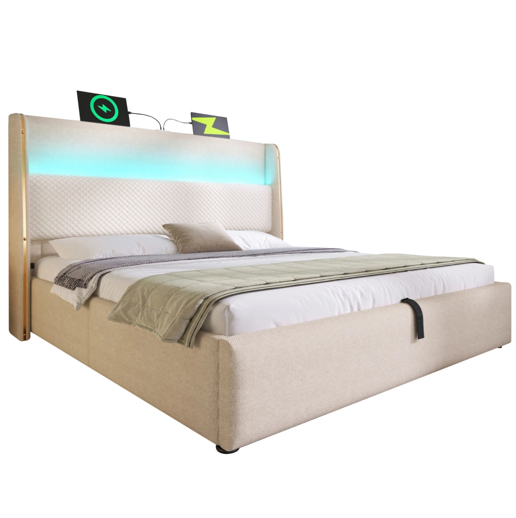 Letto matrimoniale idraulico con testiera alta, LED, USB/Type-C e contenitore
