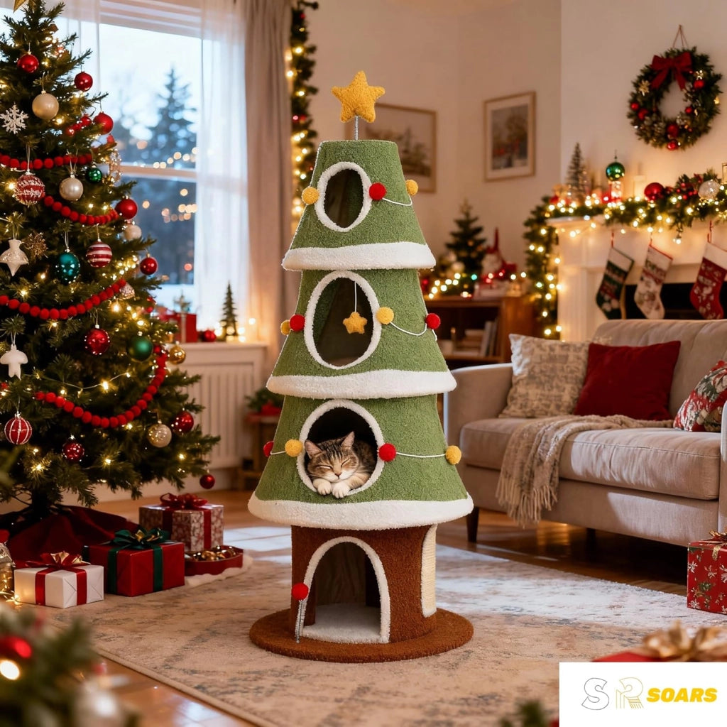 Albero di Natale per Gatti 154 cm, Tiragraffi per Gatti a 4 Livelli con Cuccia Grotta in Peluche con Palline, Piattaforma e Palla, Torre per Gatto con Rifugio, Forma di Albero di Natale