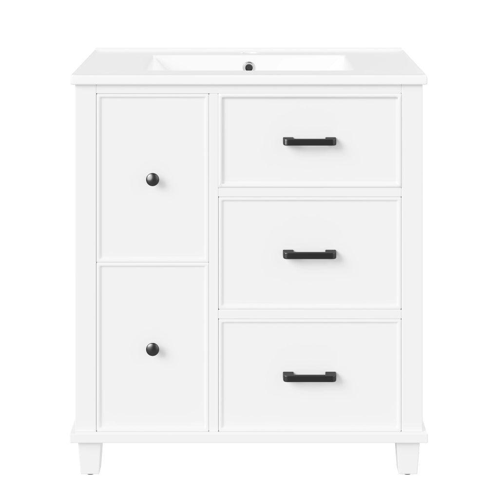 Mobile lavabo freestanding in MDF e ceramica, bianco, 76,5 x 47 x 83,5 cm, con 4 cassetti e cassetto ribaltabile
