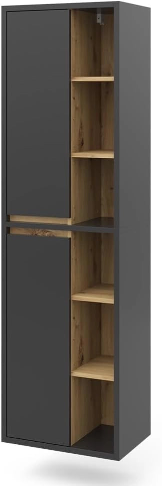 Armadio per il bagno Viola, Antracite, 50 x 170 cm con ante e vani a giorno, adatto al montaggio a parete e combinabile con altri mobili Viola