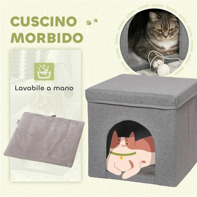 CASETTA PER GATTI PIEGHEVOLE A CUBO CON CUSCINO E TAPPETINO TIRAGRAFFI, 36.5X36.5X36.5 CM, GRIGIO