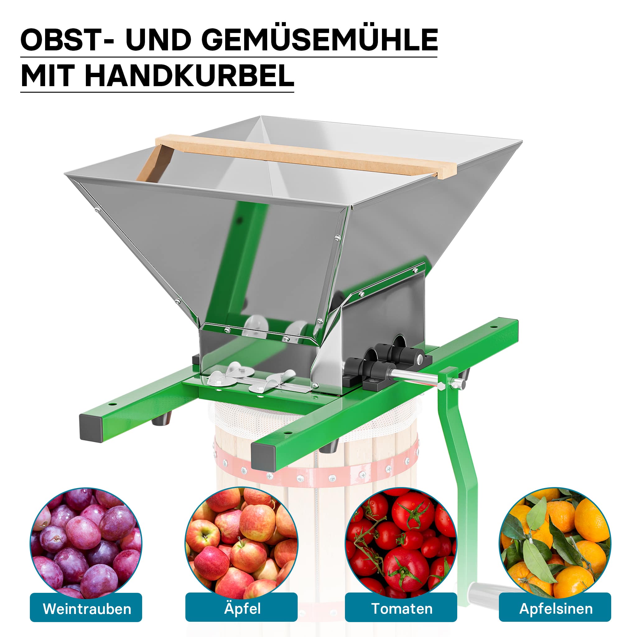 Set Mulino macina frutta 7 l e Torchio frutta 6 l con gabbia in legno e scacco di spremitura