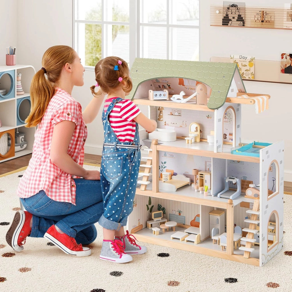 Casa delle Bambole in Legno, Casa Bambole con 4 Piani, 6 Stanze, Terrazza, Piscina e Scale, Casetta Giocattolo Educativo con 33 Mobili Accessori, per Bambini 3+ Anni, 63 x 25 x 78 cm (Verde)