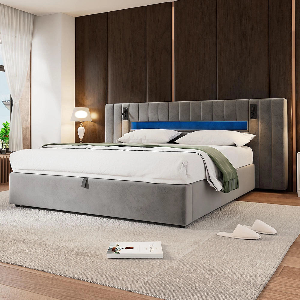 Letto-Xylo-180x200 cm-USB, LED, lampada, spazio idraulico, velluto grigio