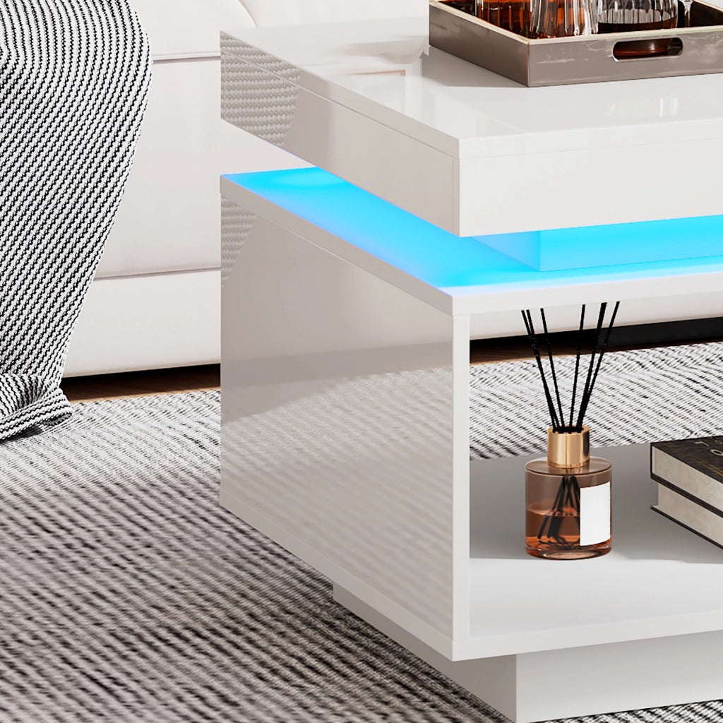 Tavolino da caffè con 1 Cassetto e LED; Finitura Laccata Lucida; in Pannelli Truciolari; 100×50×40;3 cm; Bianco