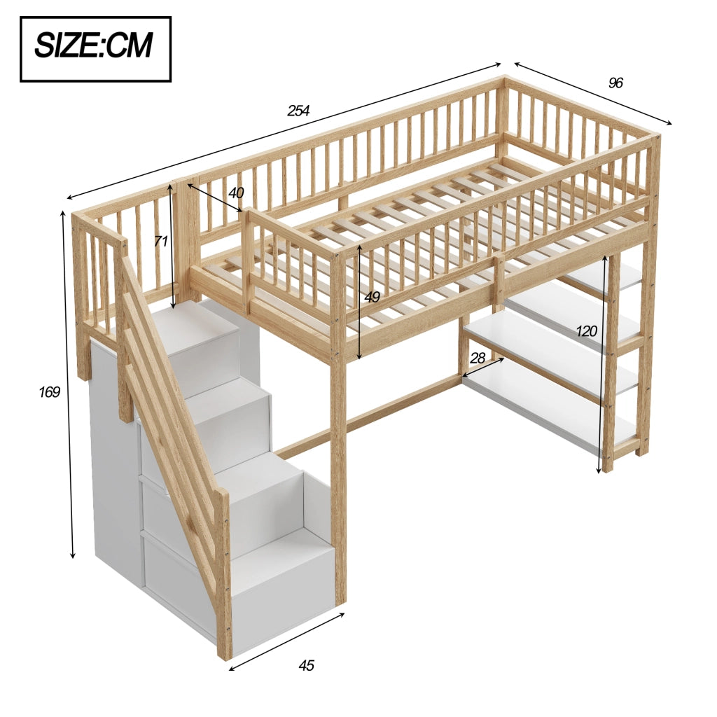 Letto a castello in legno massello naturale con recinzione alta funzione contenitiva 90x200 cm