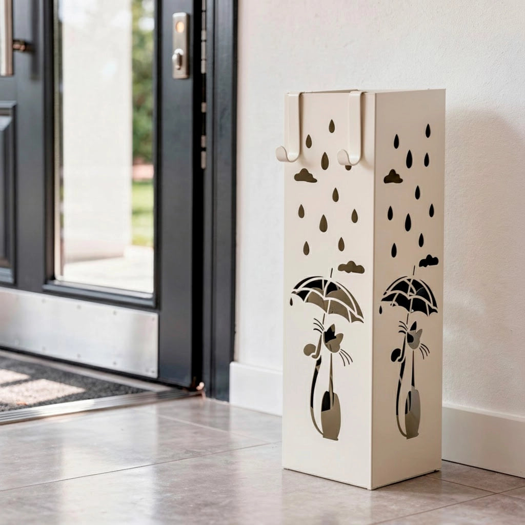 Portaombrelli Quadrato In Metallo Con Intaglio Gatto Vaschetta Scolapioggia Removibile Due Ganci Laterali Base Antiscivolo Design Moderno Per Casa E Ufficio 49 X 15.5 X 15.5 Cm Bianco