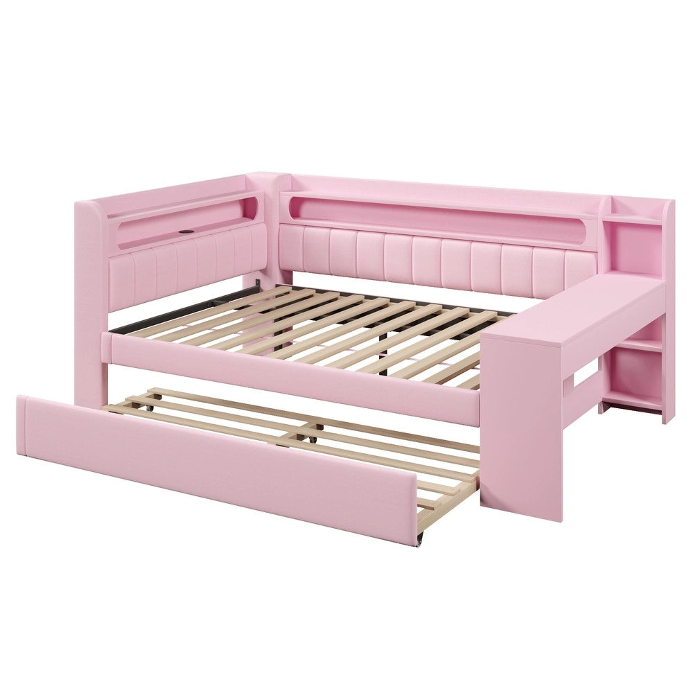 Letto Imbottito con Scrivania e Letto Estraibile ¨C MINIMAL ¨C Rosa, LED, USB, 140x200