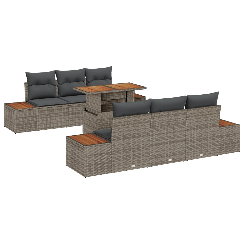 Set da Pranzo Giardino 7 Pezzi con Cuscini Grigi in Rattan Sintetico e Acacia