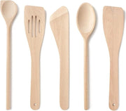 Set di utensili in legno per cucina da 5 pezzi - cucchiaio per salse grande - spatola a foro - spatola appuntita - schiaccia pasta - spatola curva