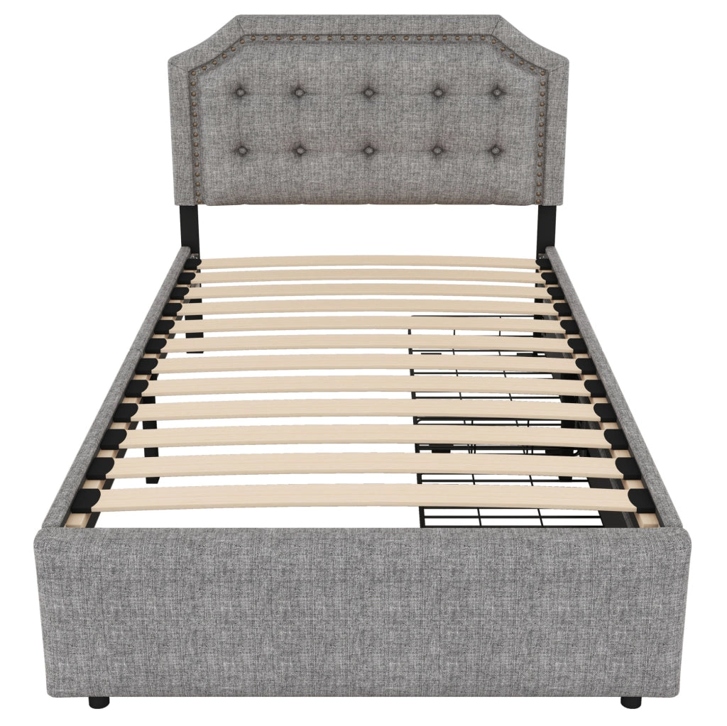 Letto imbottito 90x200 cm in tessuto grigio con testiera regolabile e 2 cassetti