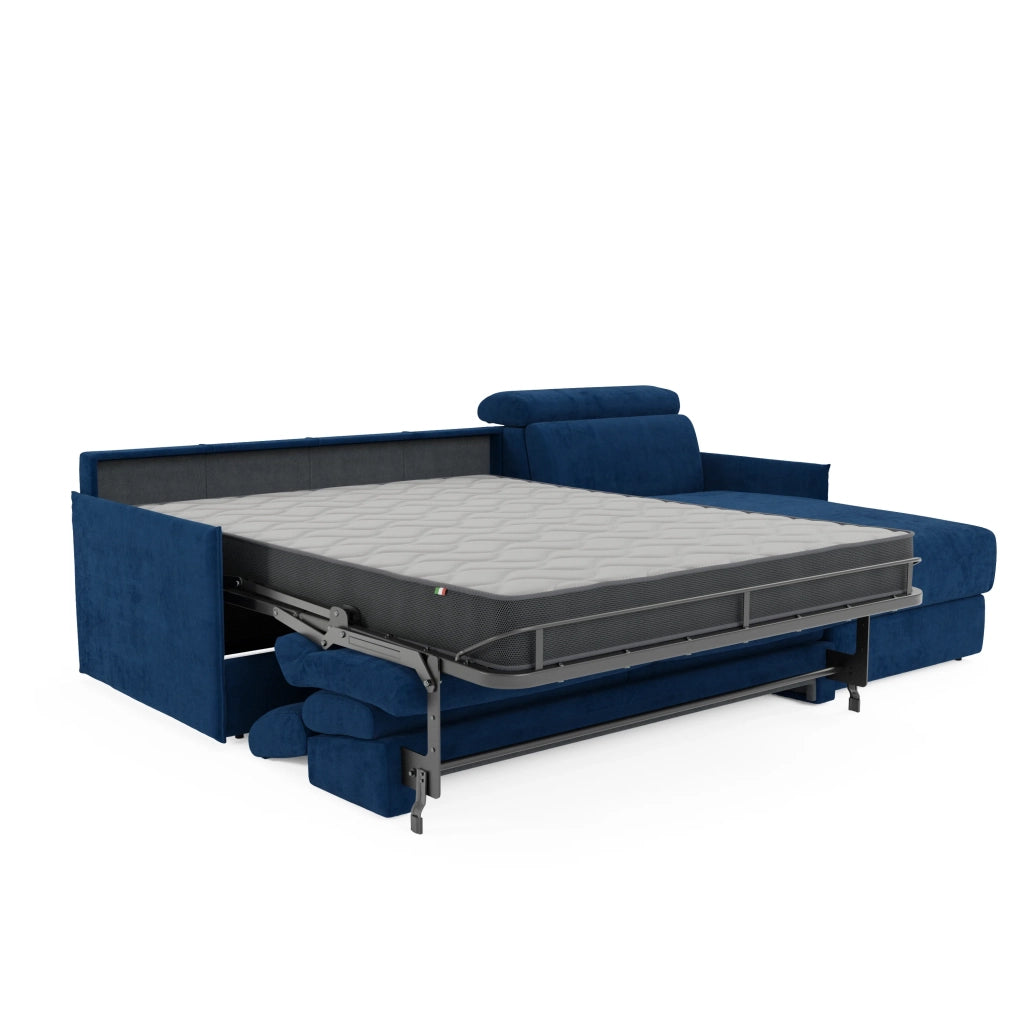 Miryam divano letto angolare compatto - poggiatesta reclinabili e penisola contenitore in tessuto smacchiabile T31 252 cm destro blu