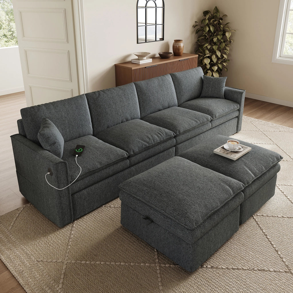Divano modulare 6 posti a U/L con 2 pouf contenitore e USB; grigio 277x135x80 cm