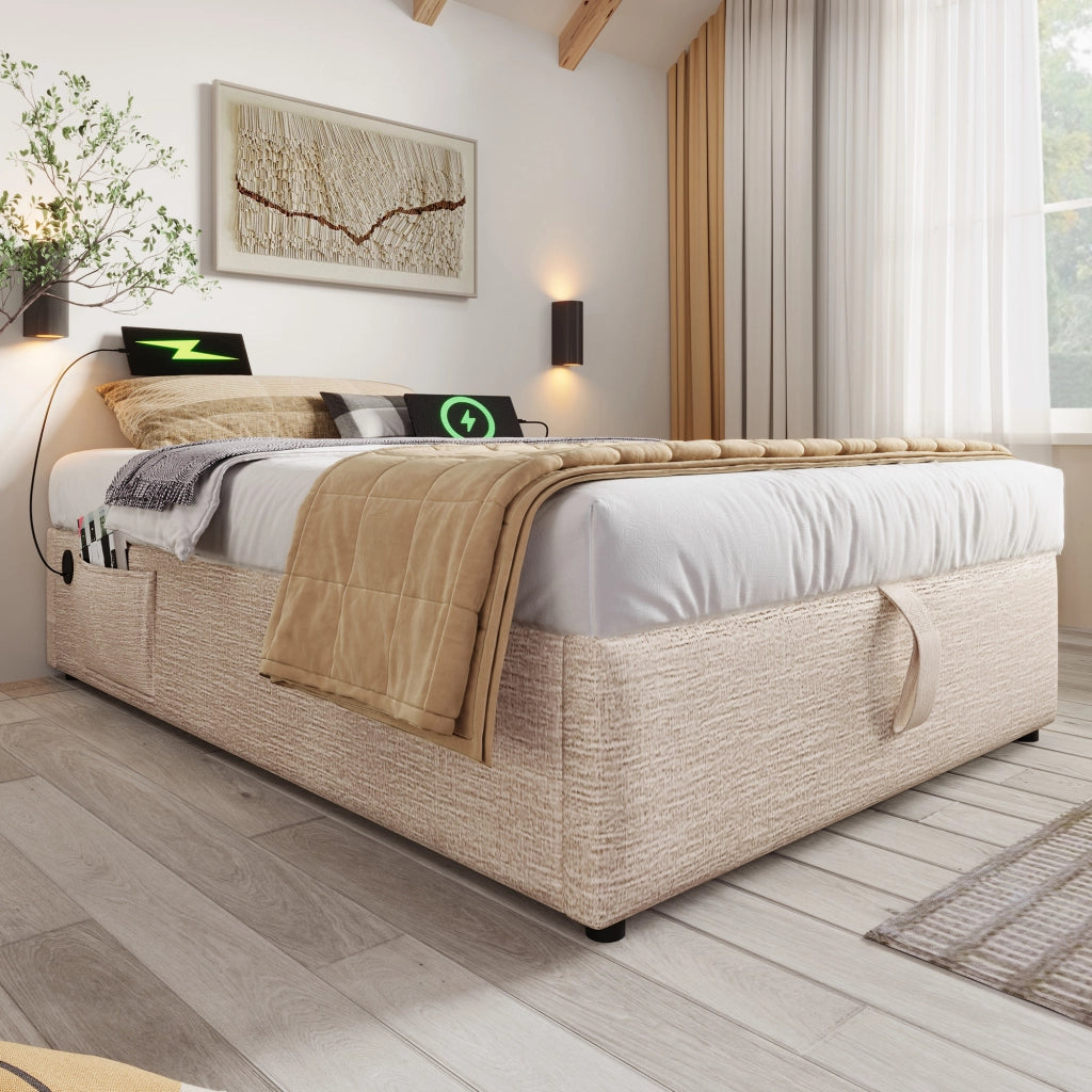 OKWISH Letto contenitore 90×190 cm, Letto Singolo con USB, Type C e contenitore con pistoni, senza Materasso, in Lino, Naturale