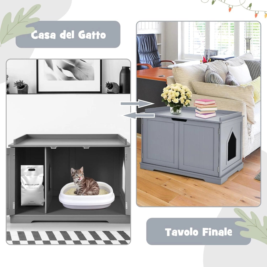 Casetta per Gatti, Lettera per Gatti, Casetta per Animali, Casa per Gatti, Recinto con Foro per Gatti, Cassa per Animali con Struttura in Legno Resistente (Grigio)
