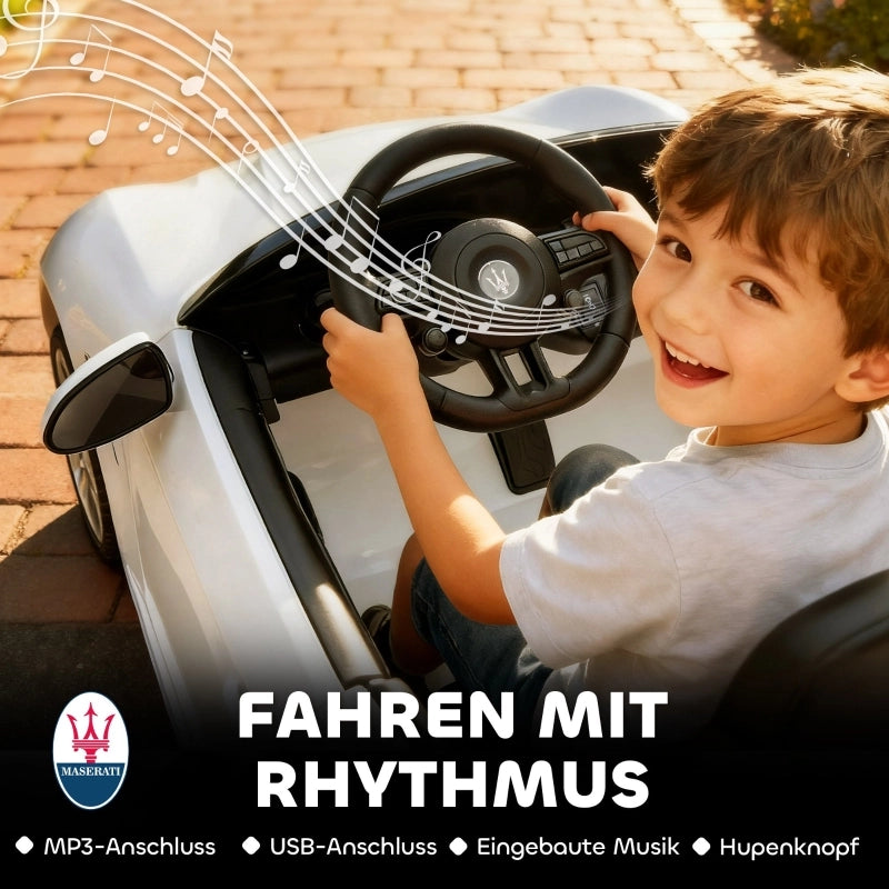 Maserati auto elettrica per bambini, 2 posti, alimentazione a batteria 12V, telecomando, luci a LED, funzione musicale, bianca