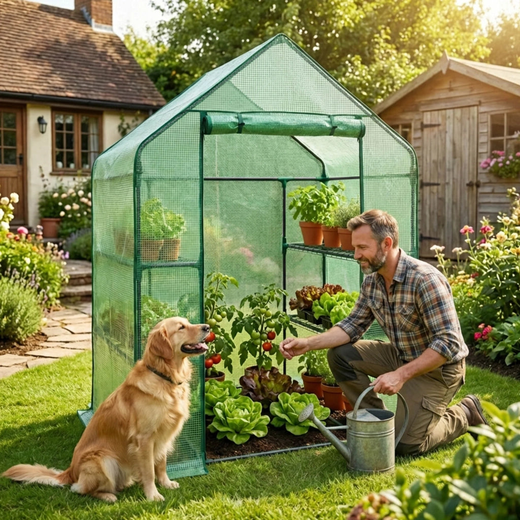 Mini serra da giardino a casetta con struttura in metallo e telo in PE con ripiani 1 porta Verde 143x73x195 cm