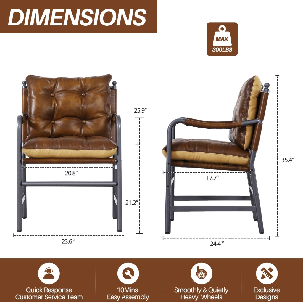 Poltrona accent in pelle stile Mid Century Modern marrone con struttura in metallo
