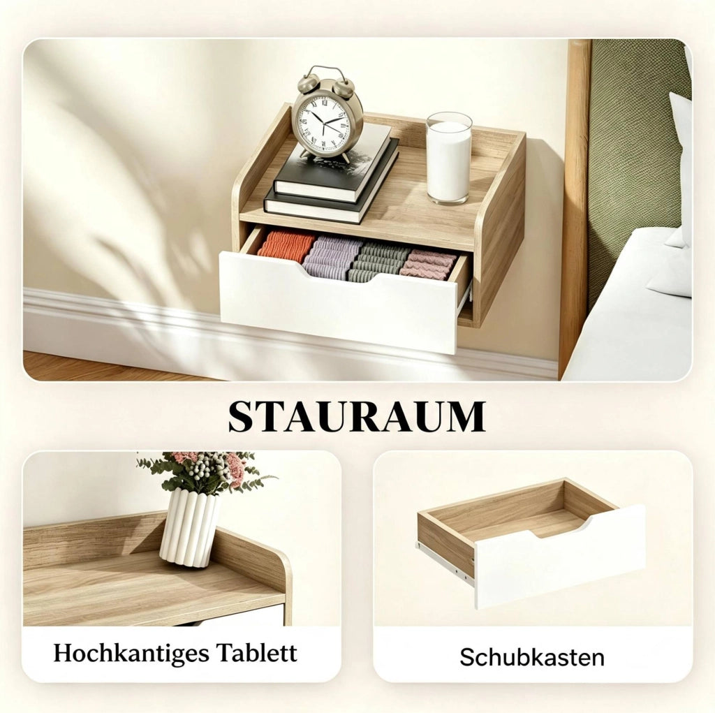 Set di 2 comodini sospesi con cassetto, legno naturale e bianco