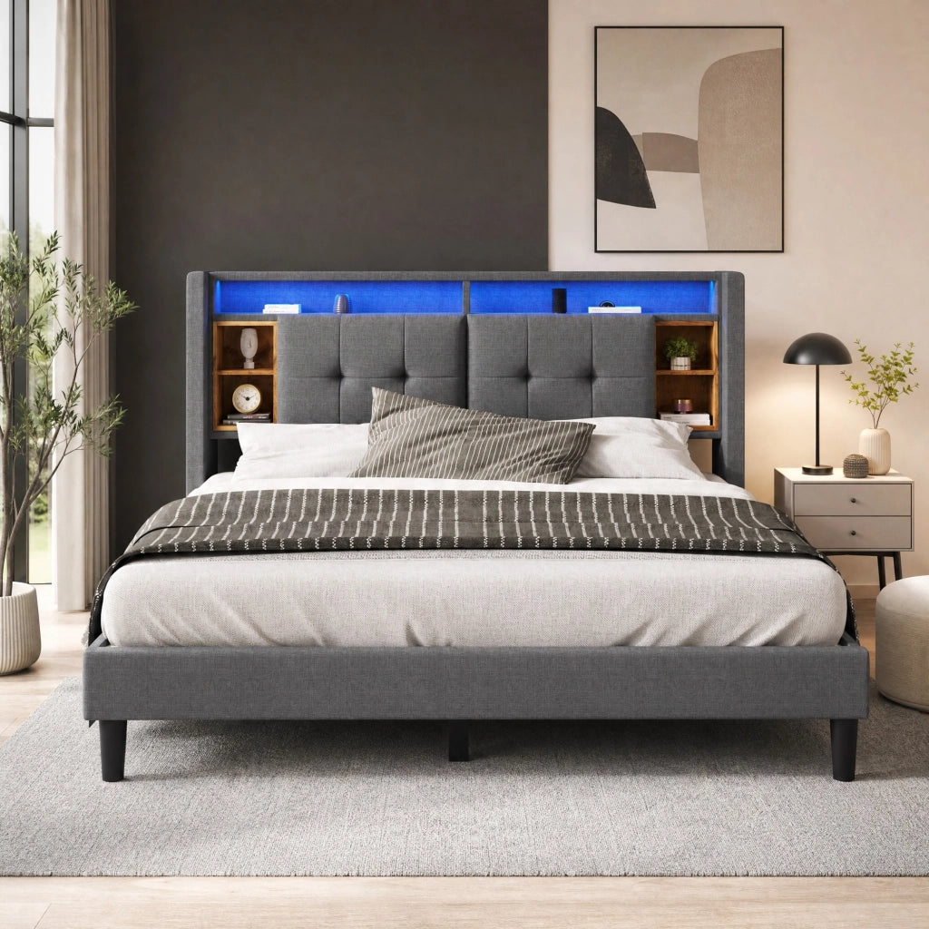 Letto Matrimoniale 160 x 200 cm; USB; 2 Prese e LED Regolabile - in Legno Massello - Grigio