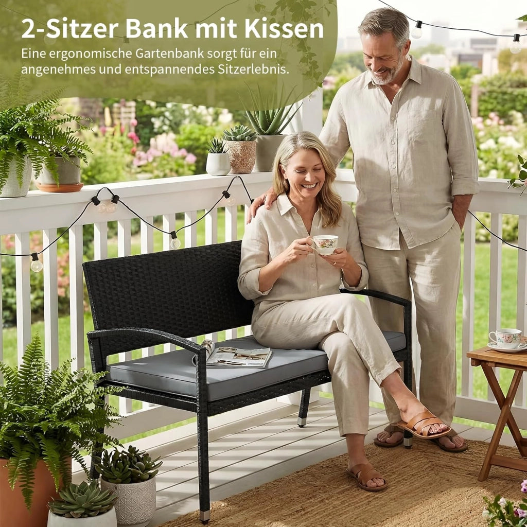 Panca da giardino, resistente alle intemperie, con cuscino, 2 posti, in polyrattan, portata 320 kg, accogliente mobili da giardino per esterni, 122 x 60 x 90 cm, per piccoli balconi, giardini