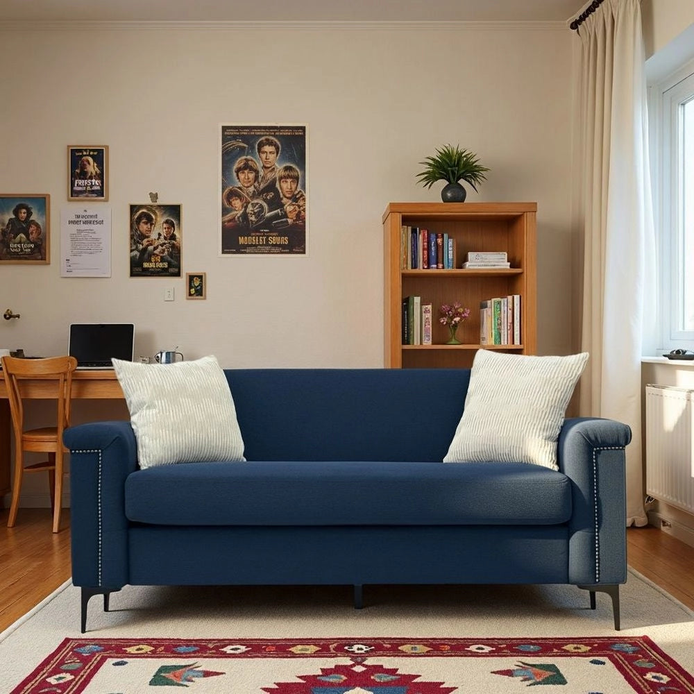 Divano 2 posti minimalista - Xylo - Piedi metallici, tessuto lino, blu