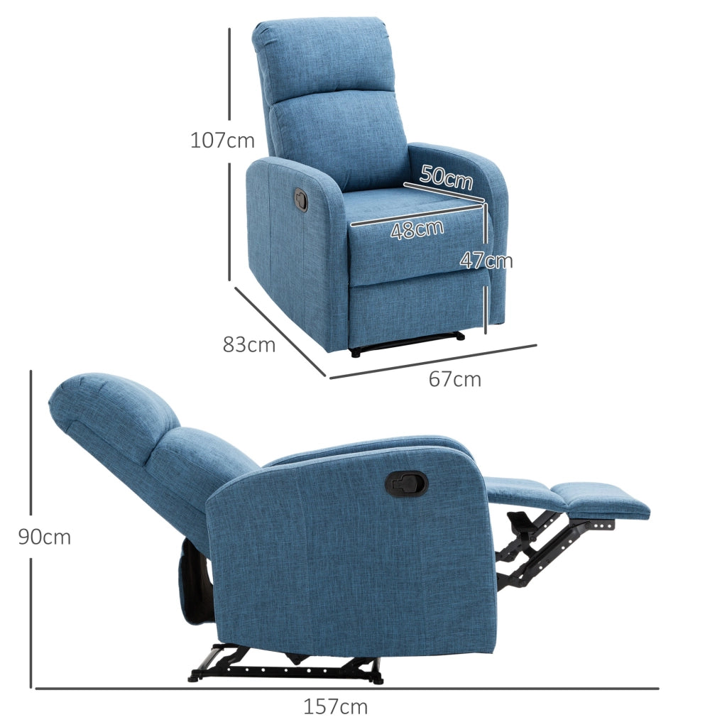 Poltrona Relax Reclinabile Manuale con Poggiapiedi Portata 125kg Tessuto di Lino 67 ¡Á 83 ¡Á 107cm Blu