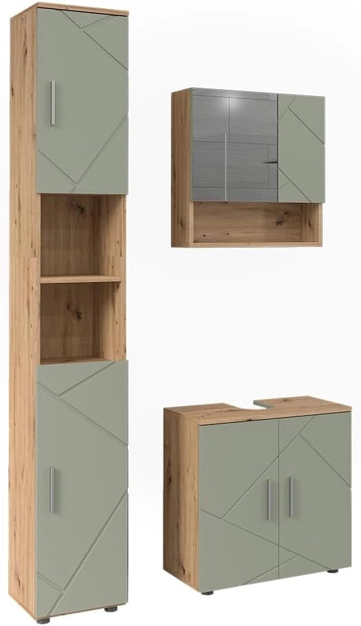 Set di mobili da bagno Irma, Verde salvia, 60 cm, composto da mobile sottolavabo, specchiera e colonna alta
