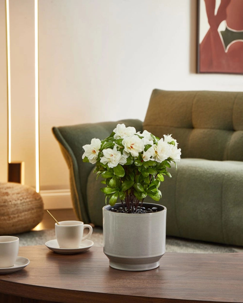 Pianta artificiale di rododendro in vaso Fiori bianchi Materiale sintetico 36 cm Accessorio decorativo per interni