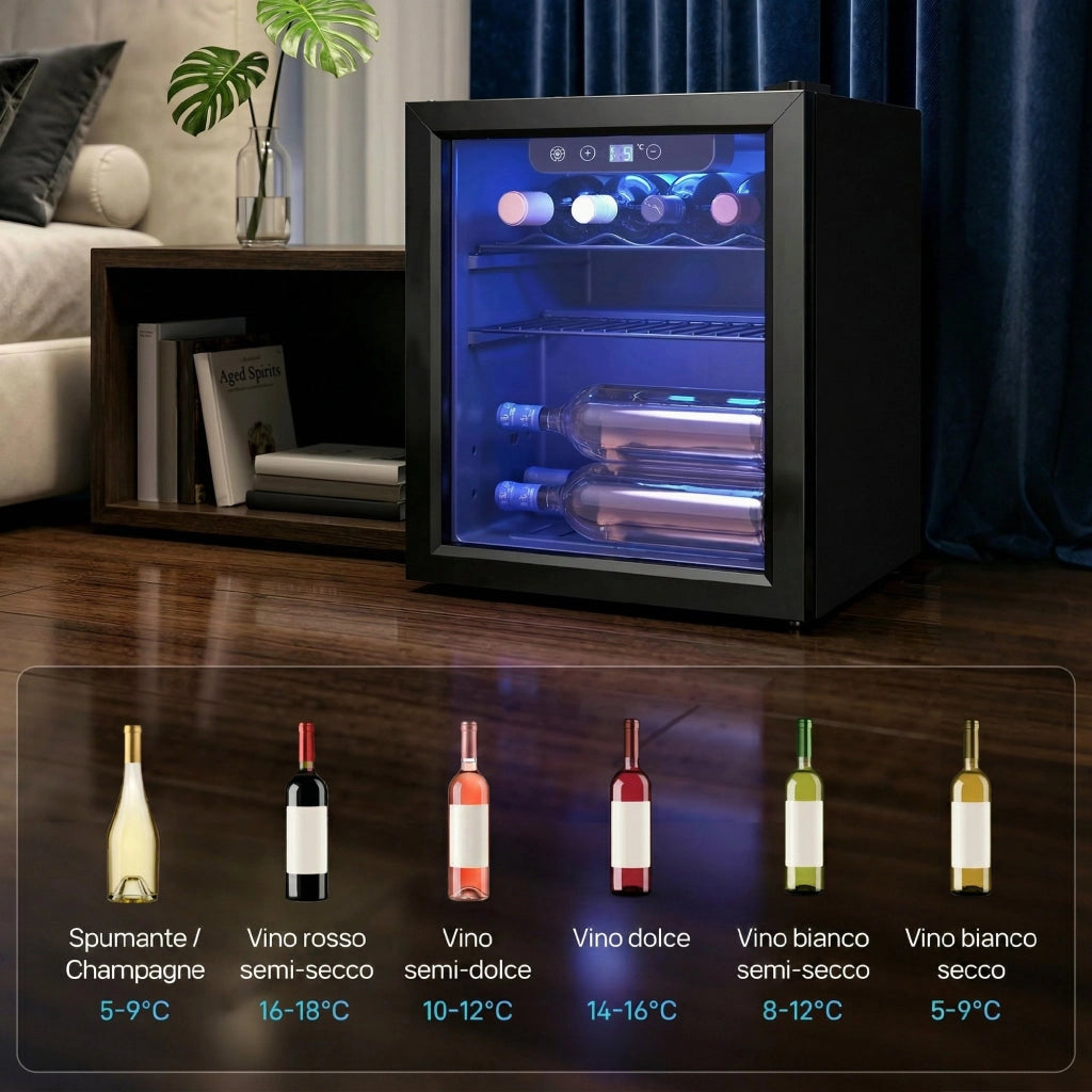Cantinetta Vino Refrigerata 12 Bottiglie 36L Temperatura Regolabile 4-16°C con Vetro Anti UV Nero