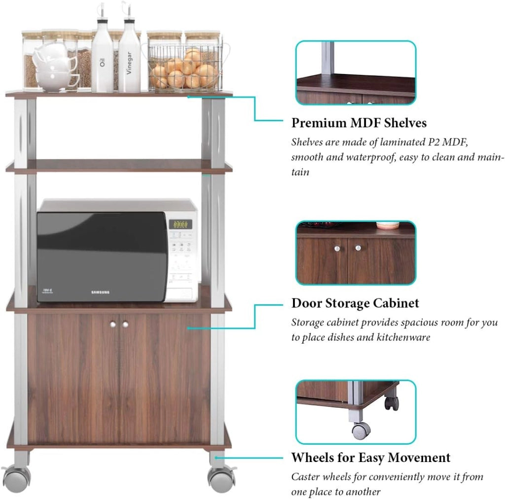 Carrello a rotelle a microonde, carrello da cucina a microonde, con 4 ruote e 2 freni, ripiano portaoggetti a 3 livelli e armadio ante,60 x 40 x 98 cm (Marrone)