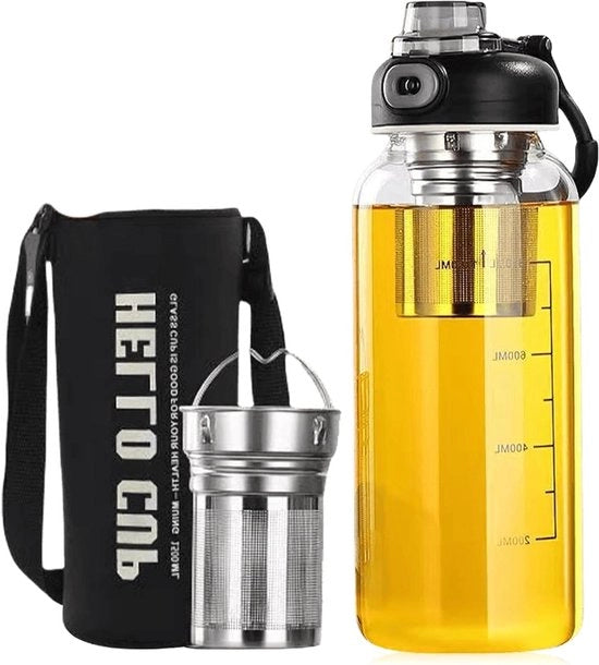 Bottiglia da 1,5 litri in vetro grande - Thee con setaccio - Alto contenuto di borosilicato - Fitness, casa e ufficio