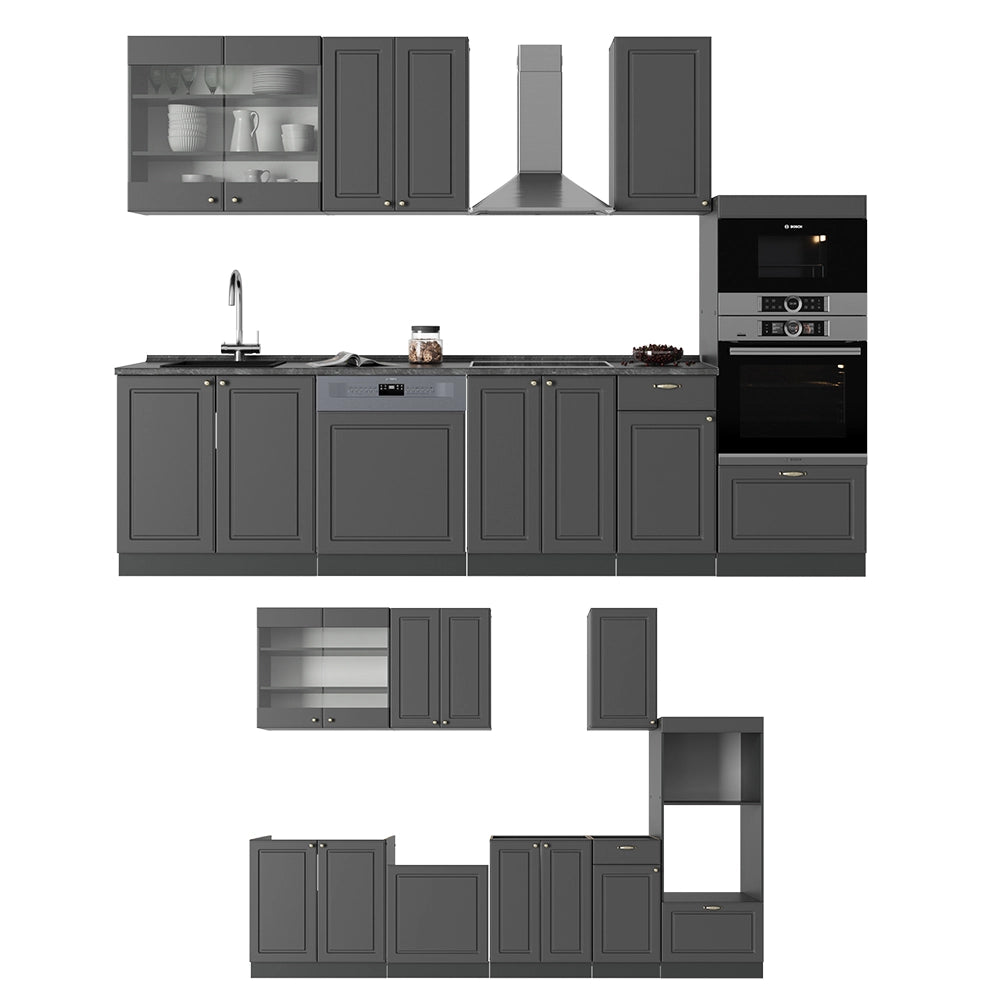 Vicco Cucina componibile Landhaus antrazit-oro 300 cm con armadio alto, PL Marmo