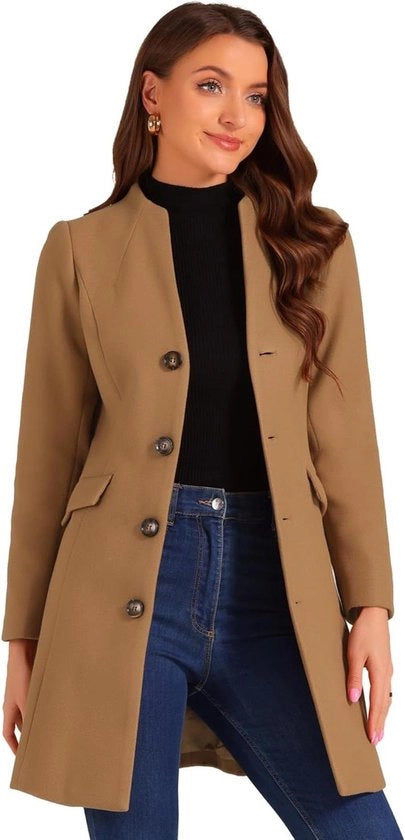 Elegante giacca da donna con V-collare e bottoni, lunga, in cammello, taglia S - Moda trendy, giacche da donna calde, design elegante