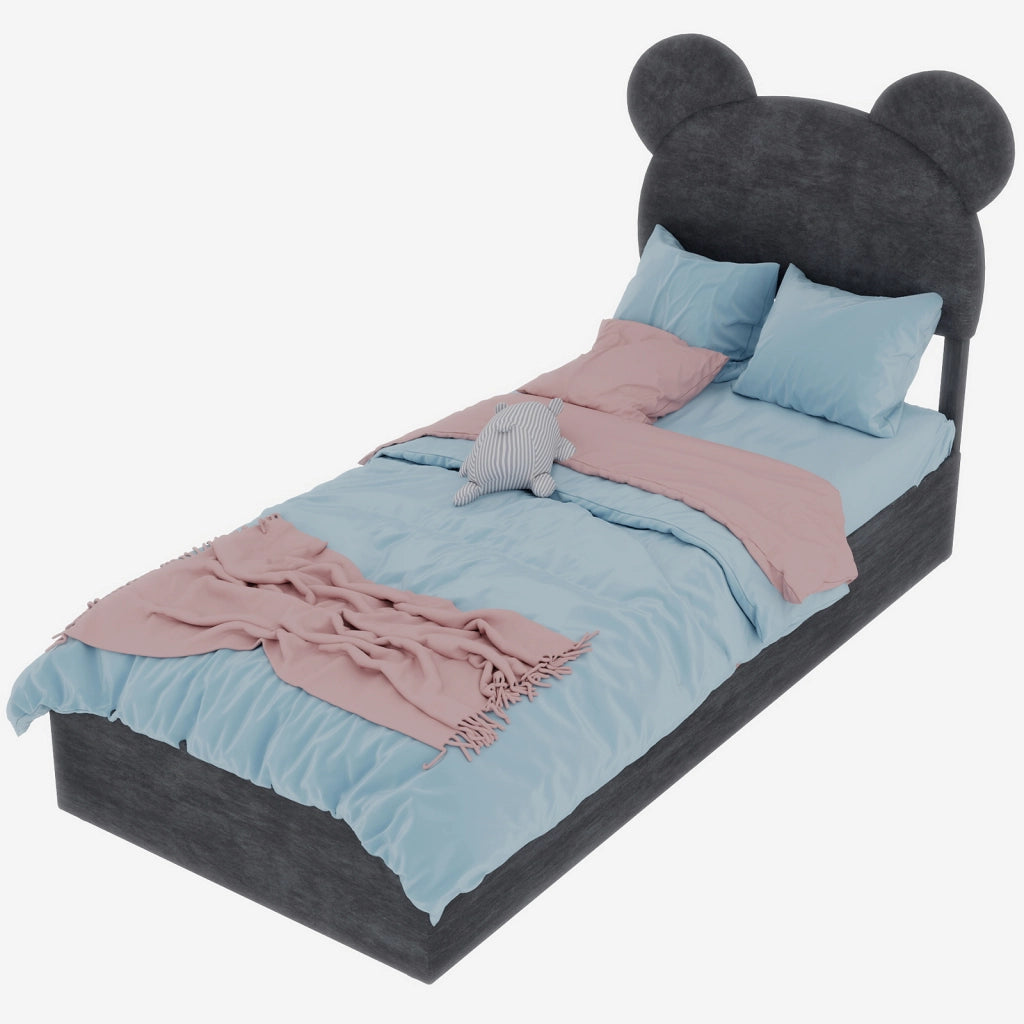 Letto Singolo 90x200 cm con Testiera Sagomata; Contenitore a Sollevamento; Grigio