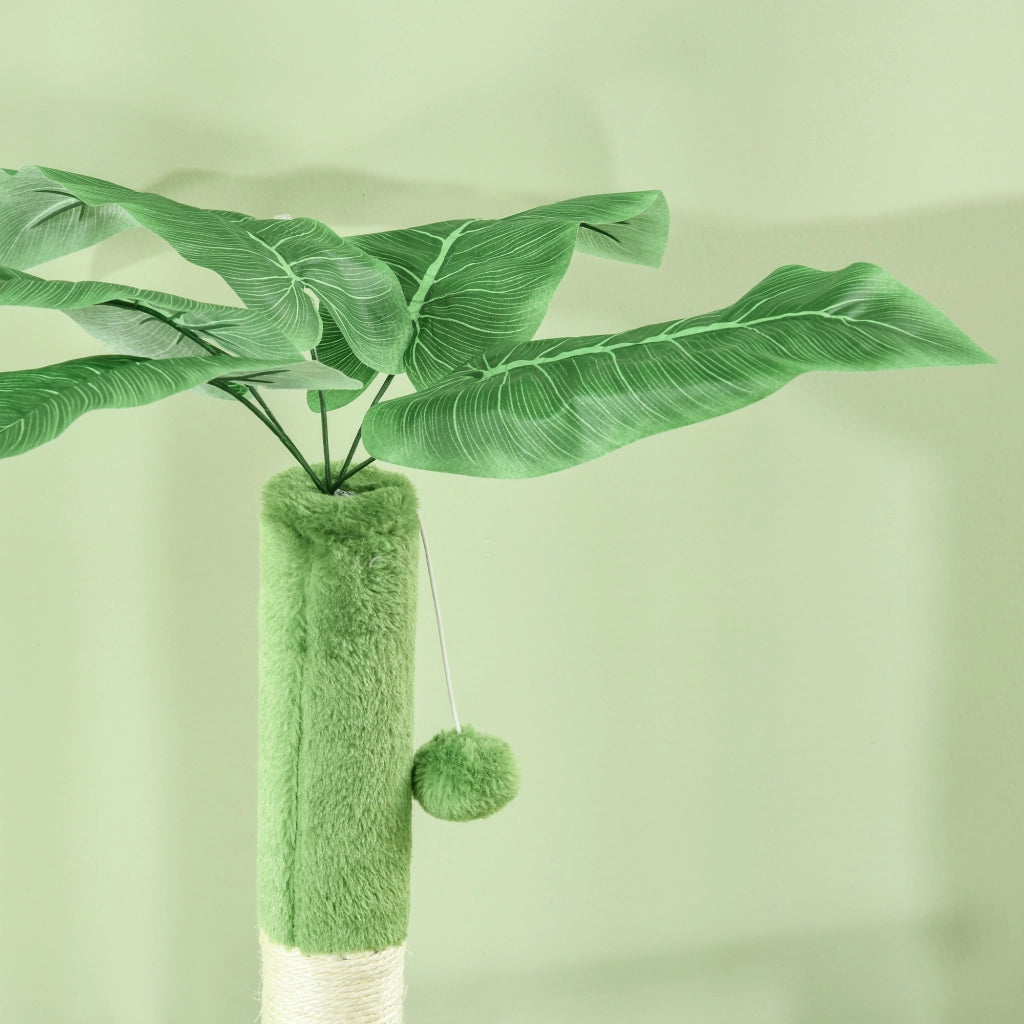 Albero per Gatti Multilivello con Amaca, Tiragraffi, Pallina e Foglie Decorative, 49x49x142 cm, Verde